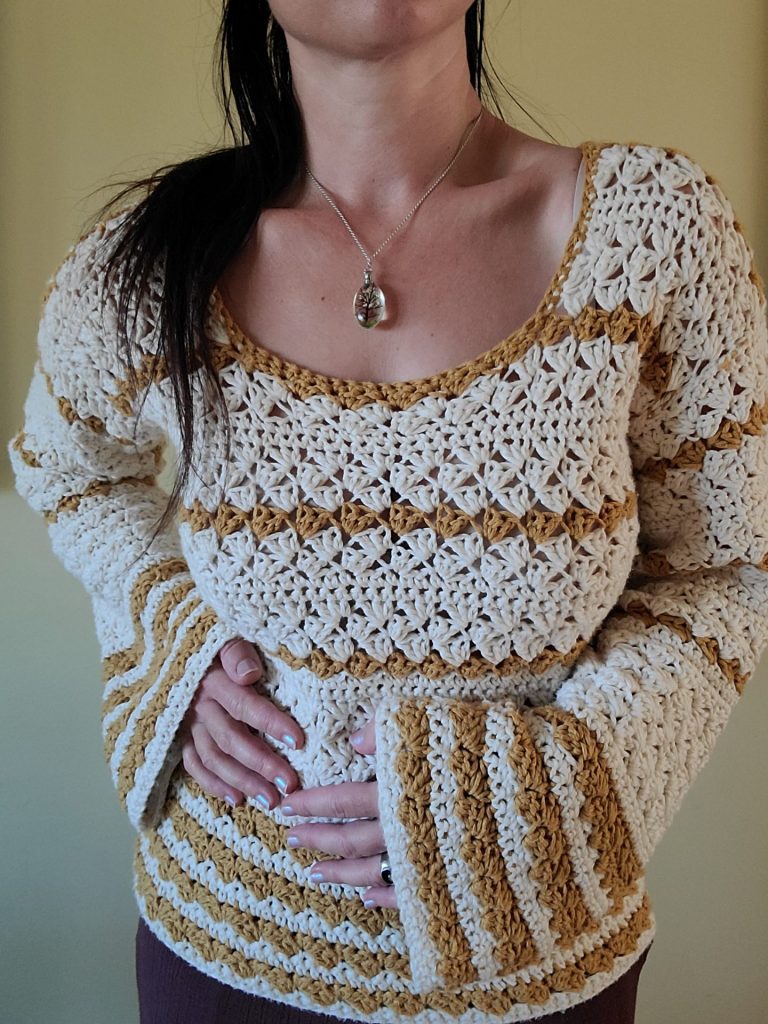 Elegant Crochet Sweater worn by woman 