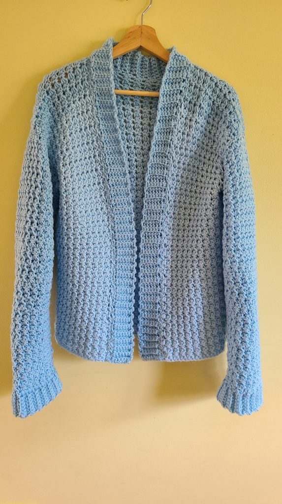 blue crochet cardigan