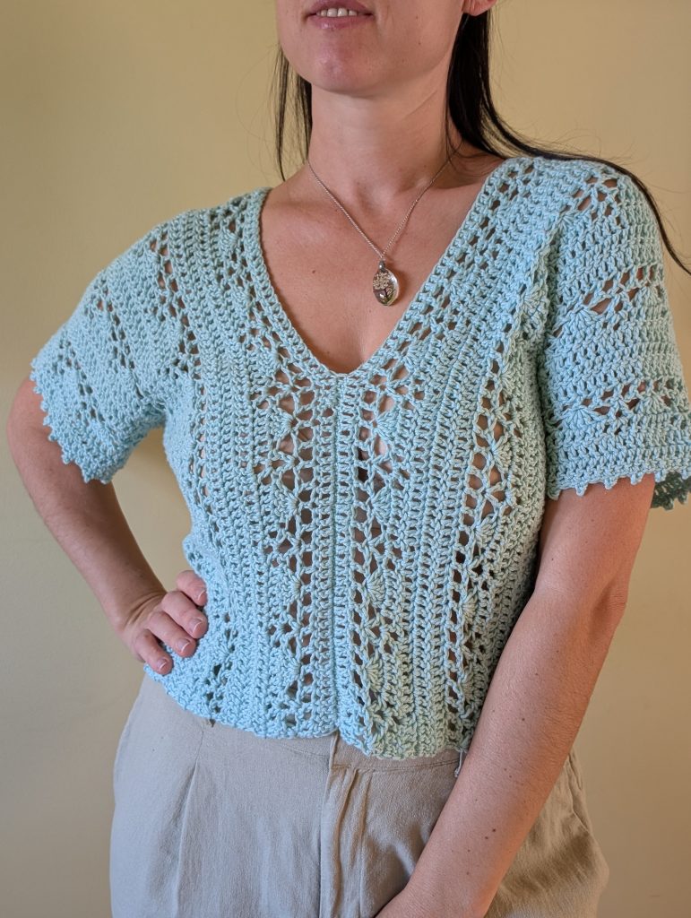 “Woman wearing the Gina Crochet Lace Top, showcasing the delicate crochet lace design and fit.”