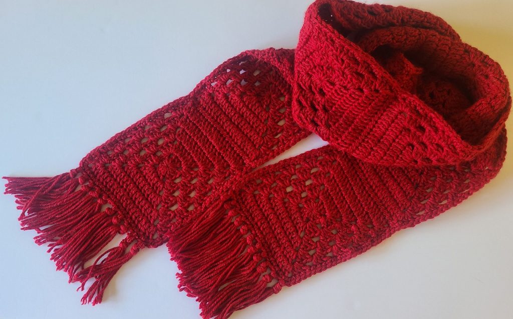 crochet red granny square scarf 