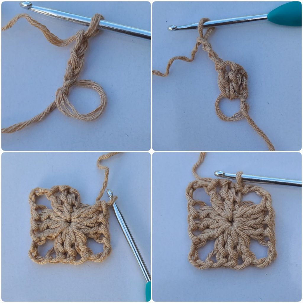 Close-up of a crochet granny square showing a magic ring and the first row of stitches.
