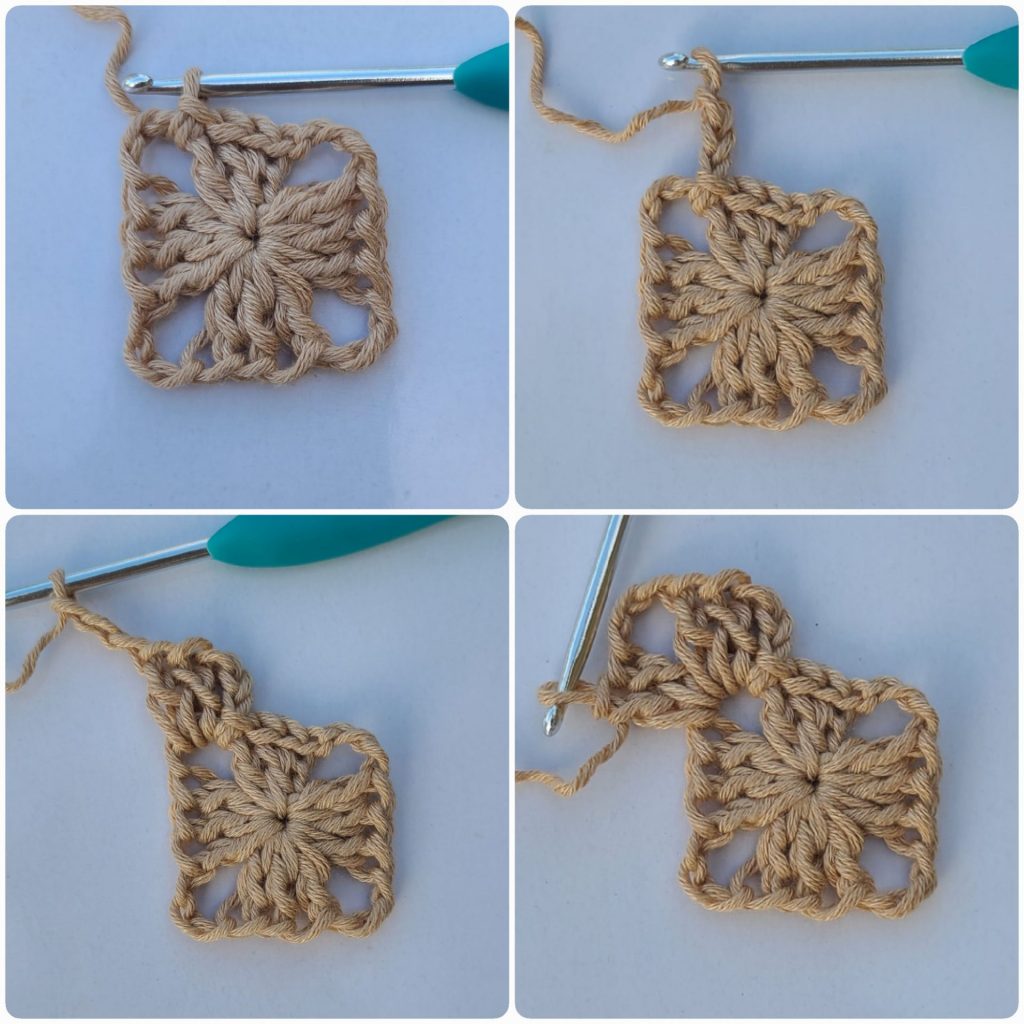 Close-up of a crochet granny square showing the start of the second row of stitches.