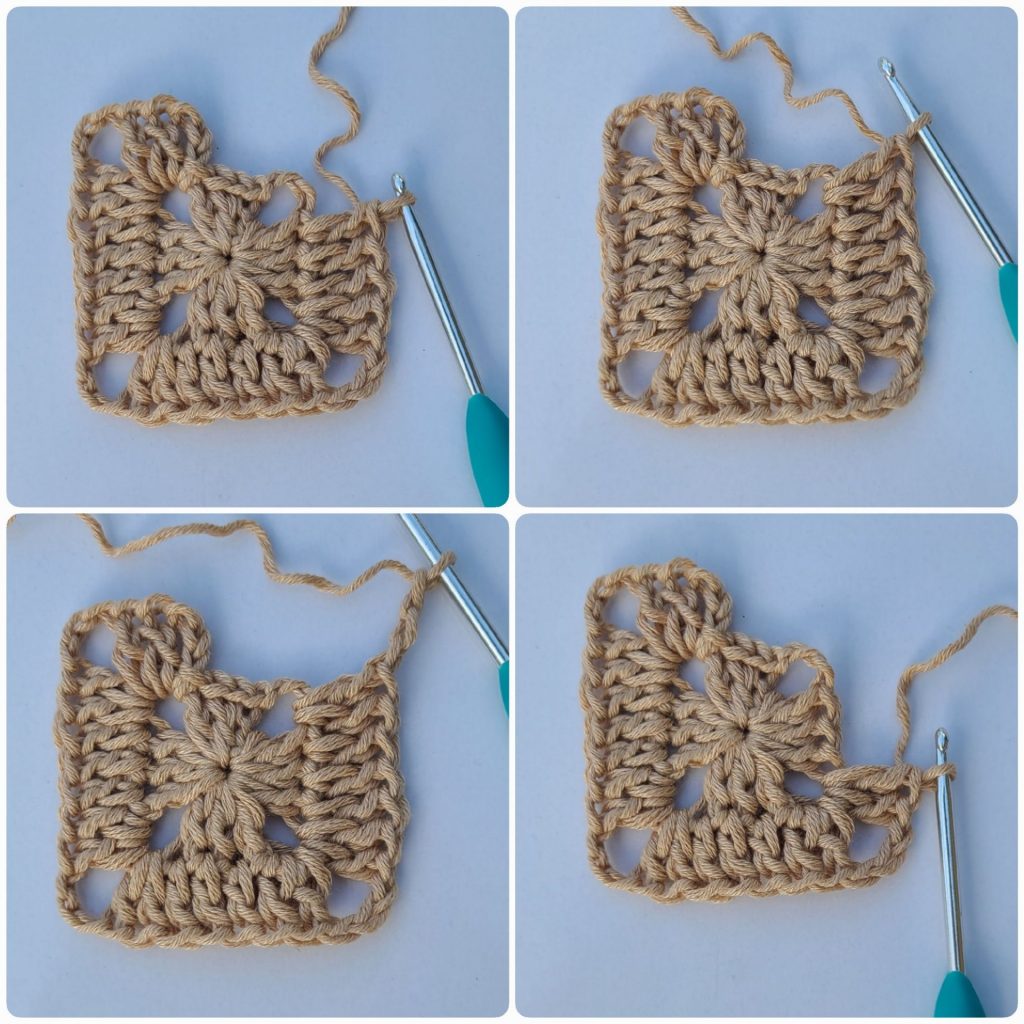 Close-up of a crochet granny square showing the  last clusters of the second row of stitches.