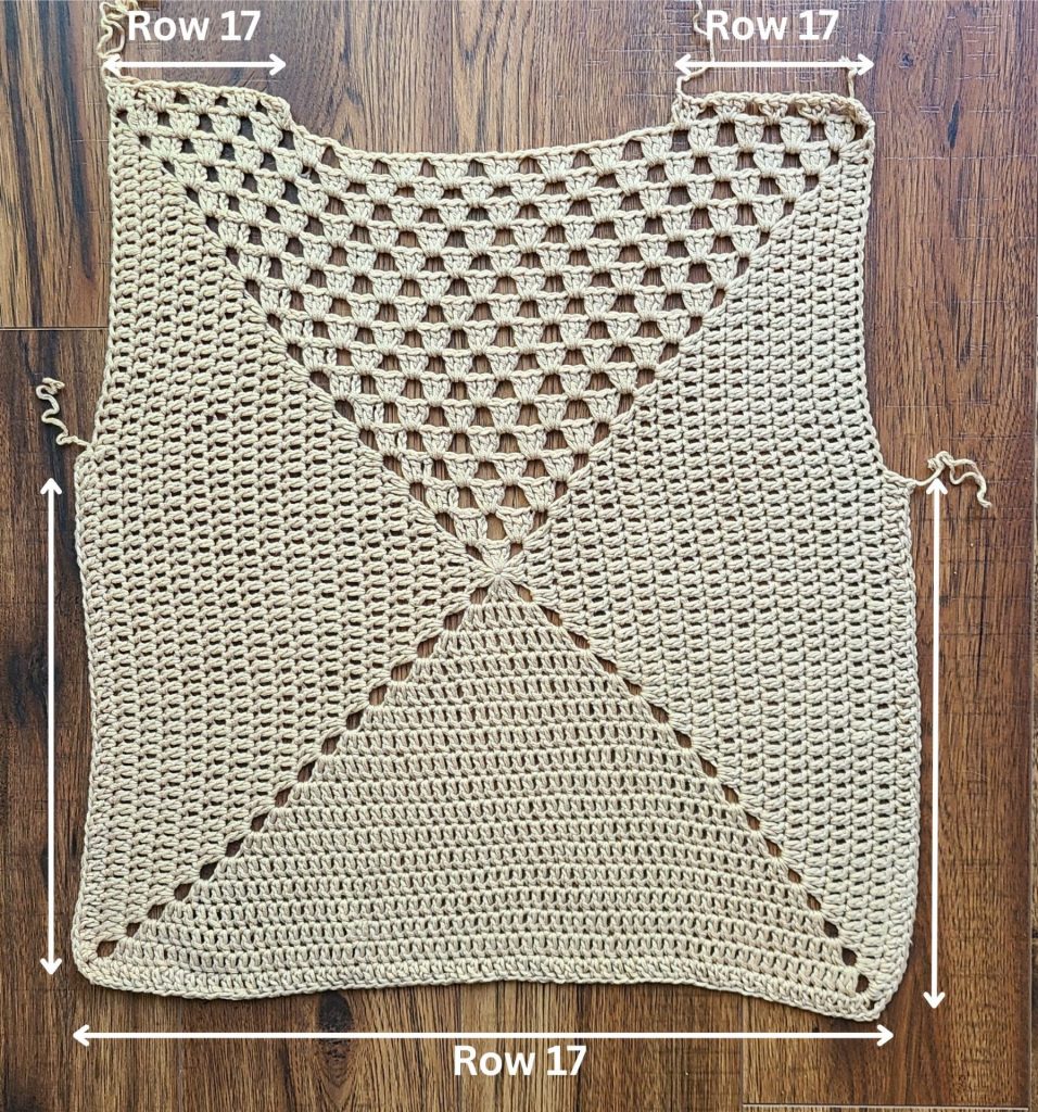 Front panel of a crochet granny square showing 16 completed rows.