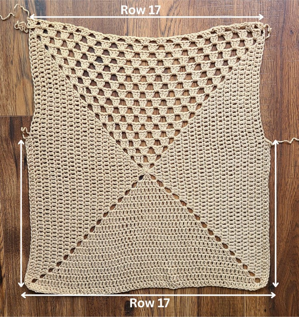 Back panel of a crochet granny square showing 16 completed rows.