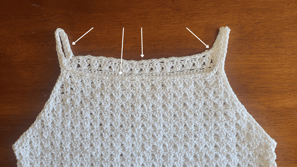 Crochet tank top shaping detail showing armhole and neckline construction
