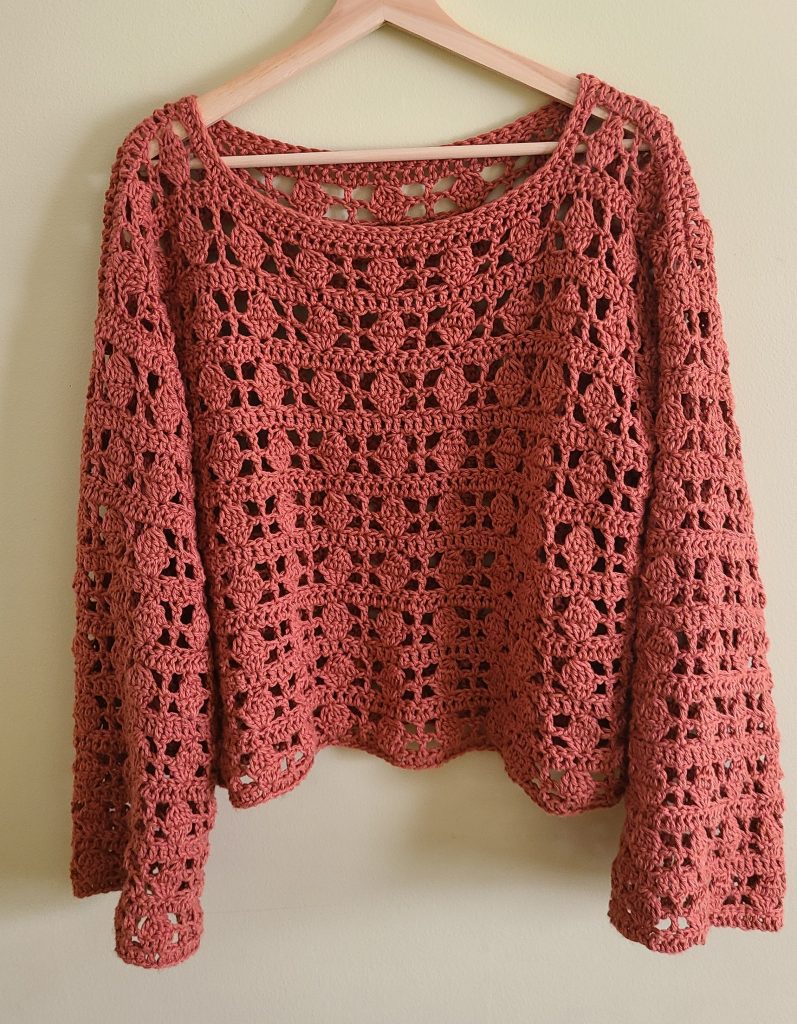 Finished Galena crochet lacy top worn as a lightweight summer garment