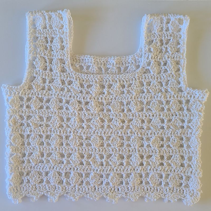 Finished Ilsa crochet lacy crop top styled for summer using beginner pattern
