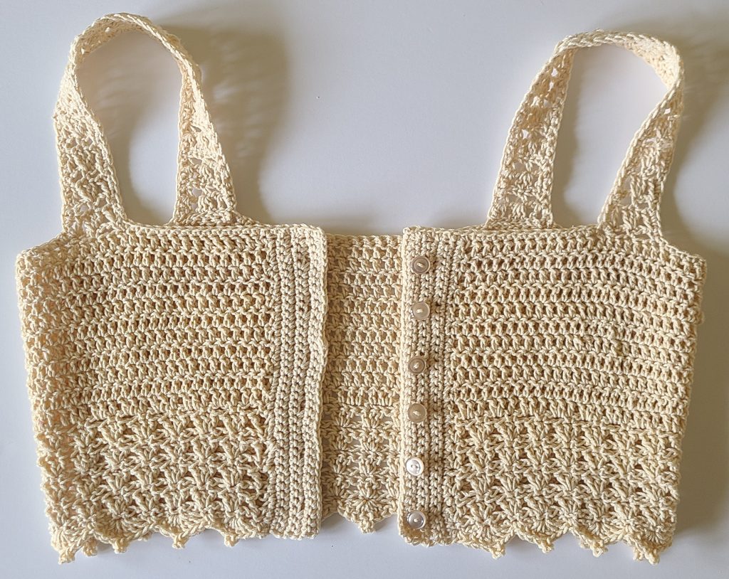 Zonia crochet crop top front border with button band detail