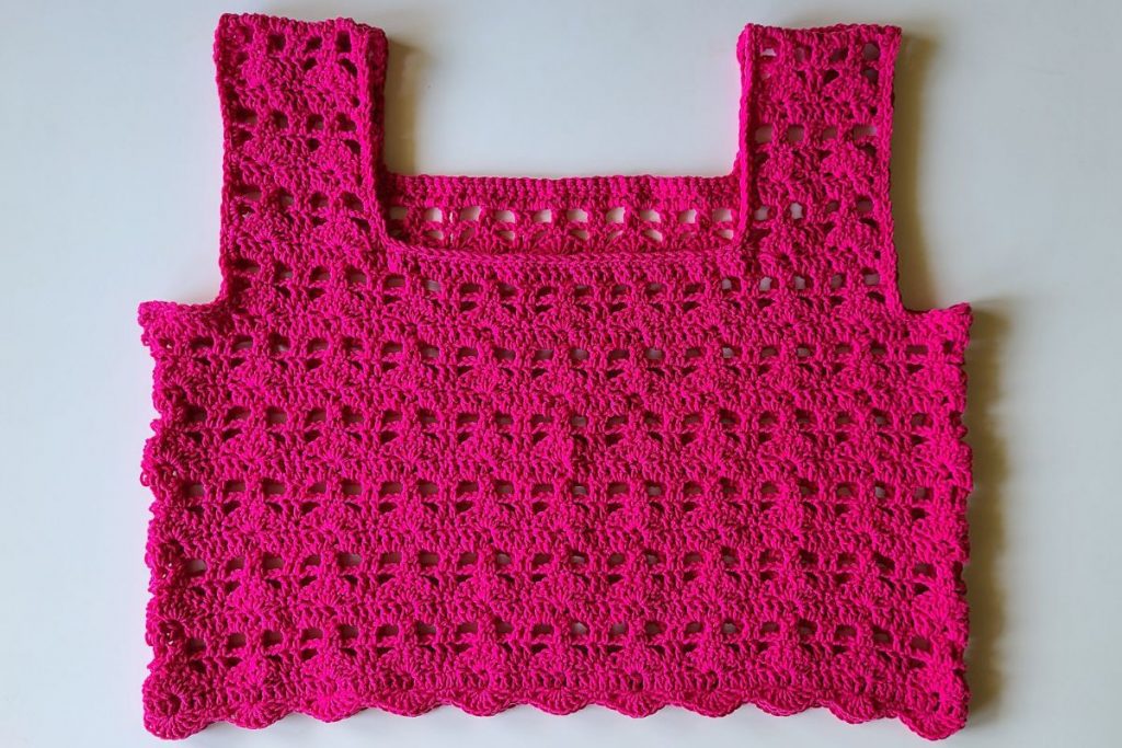 Finished Myla Crochet Lace Crop Top featuring a square neckline, wide straps, and an airy shell stitch design.