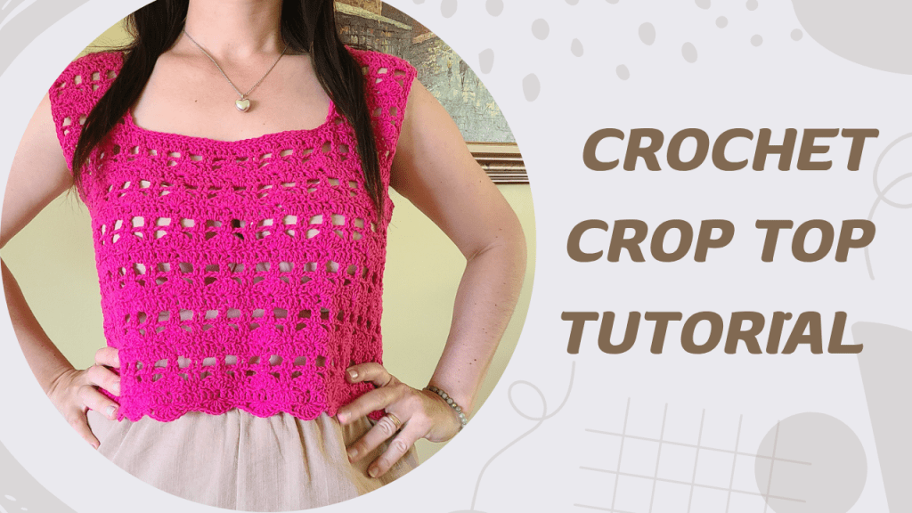 “Video tutorial thumbnail for the Myla crochet lace crop top free pattern showing the finished handmade crop top”